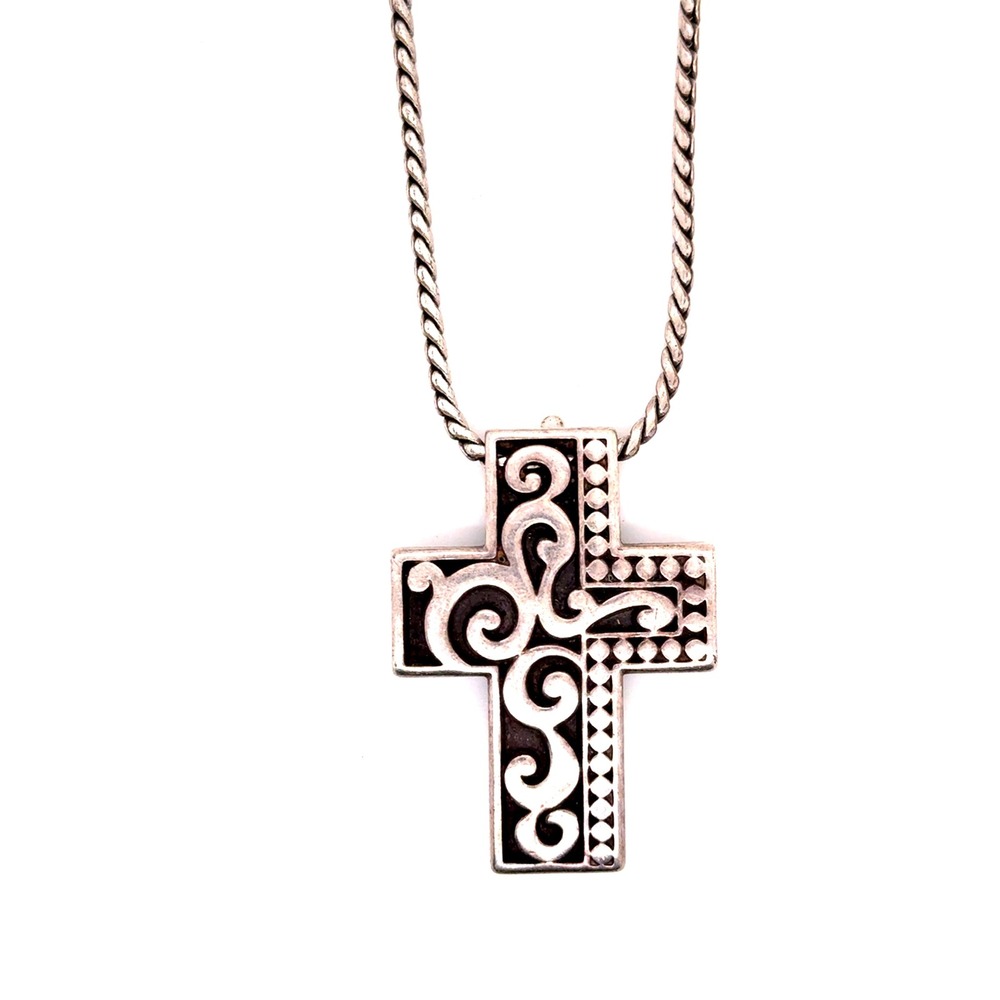 Brighton Reversible Cross Pendant Necklace Silver Tone Scroll Wheat Chain